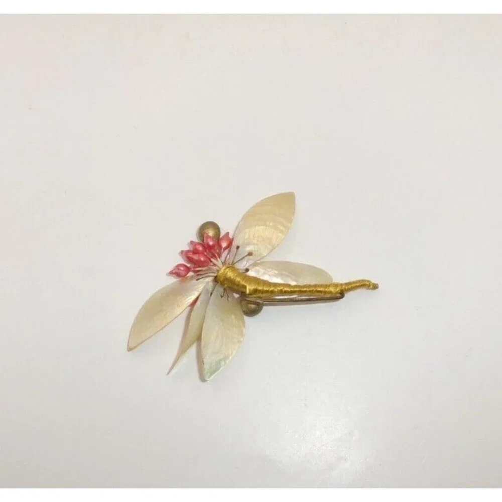 Vintage Shell Flower Brooch Pin Mother of Pearl MOP Leaves Red Berries Corsage